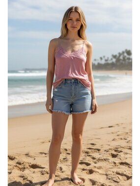 XHILARATION Womens Size XL Crinkle Babydoll Lace Cami Tank Top Pink Sexy Stretch